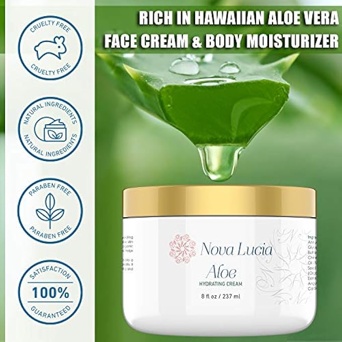 Nova Lucia LARGE 8 OZ CONTAINER HAWAIIAN ALOE VERA FACE MOISTURIZER TO USE DAY OR NIGHT FOR SUNBURN RELIEF, ECZEMA, ANTI WRINKLE FOR MEN WOMEN ALL SKIN TYPES BETTER THAN ALOE VERA GEL, 100% PURE ALOE VERA JUICE - Image 2